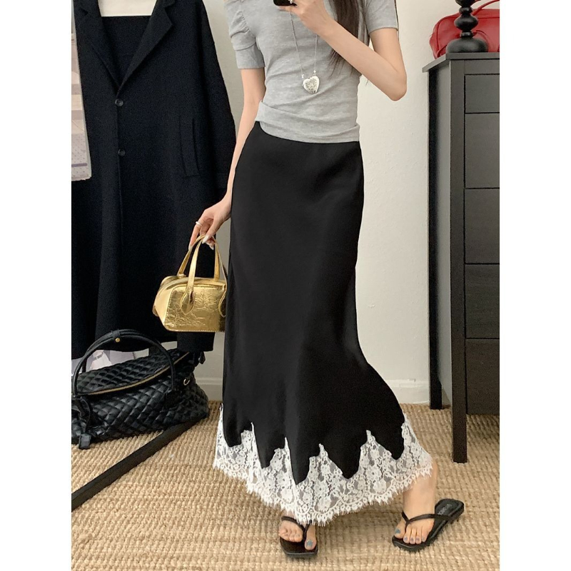Jupes longues élégantes pour femmes, taille haute, dentelle, Satin, ligne a, mode coréenne, couleur unie, jupe ample pour femmes, été