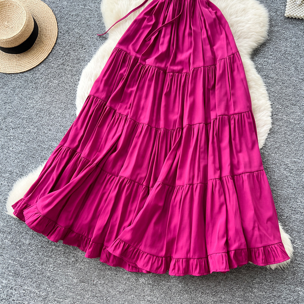 Robe longue femme style A-line, col en V, sans manches, à volants, coupe ajustée, élégante, style Y2K streetwear, pour soirée, travail, été