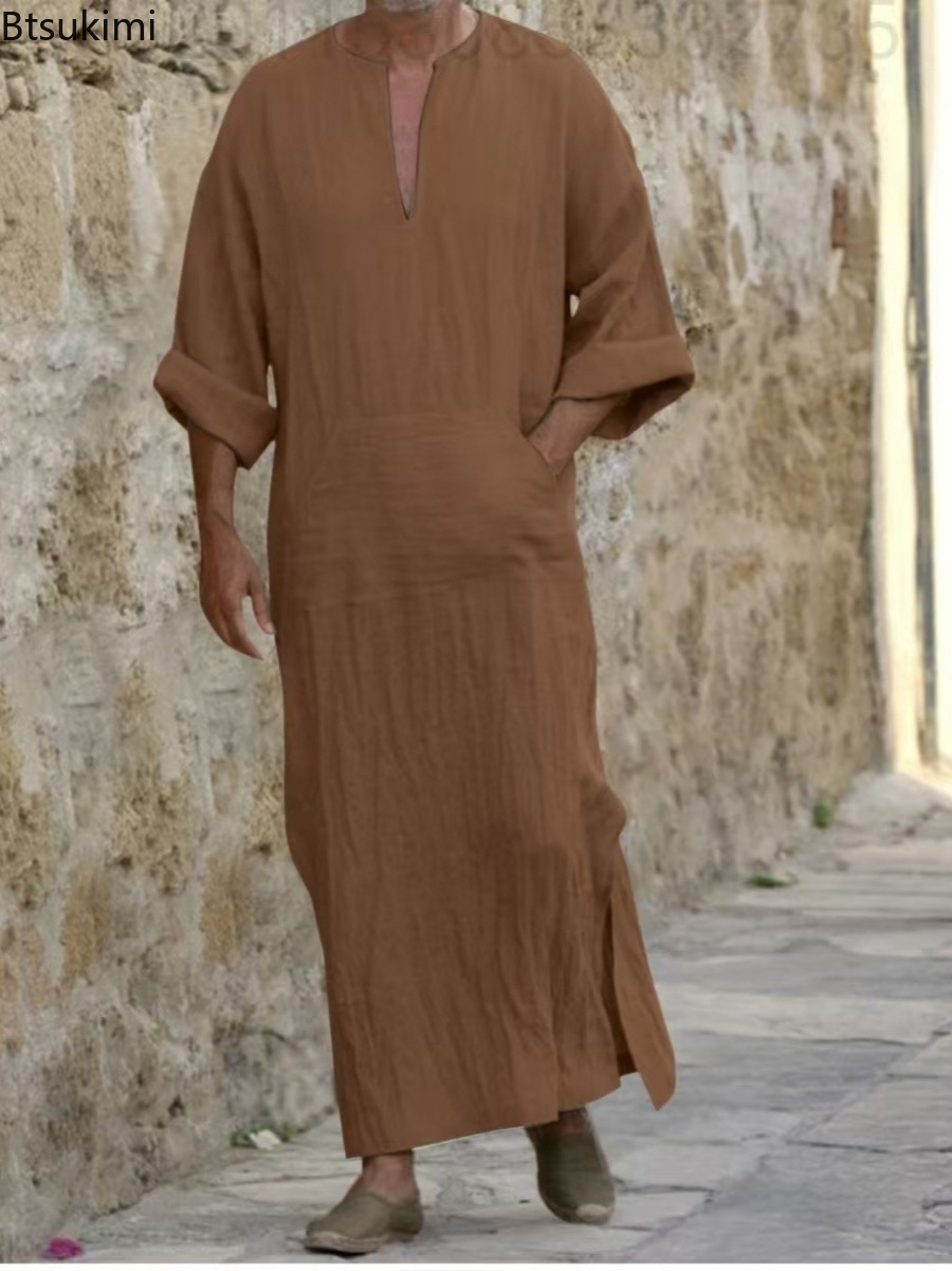 Nouveaux T-shirts longs en coton et lin pour hommes 2026, Abayas décontractées unies, Jubba Thobe Kaftan, Robes arabes islamiques à col en V et manches longues