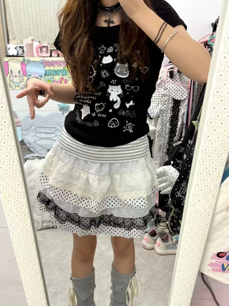Jupe ample Lolita en dentelle douce pour femmes, jupe d'été japonaise, taille élastique, Patchwork, gâteau à pois, Hepburn, nouvelle jupe Vintage, 2025