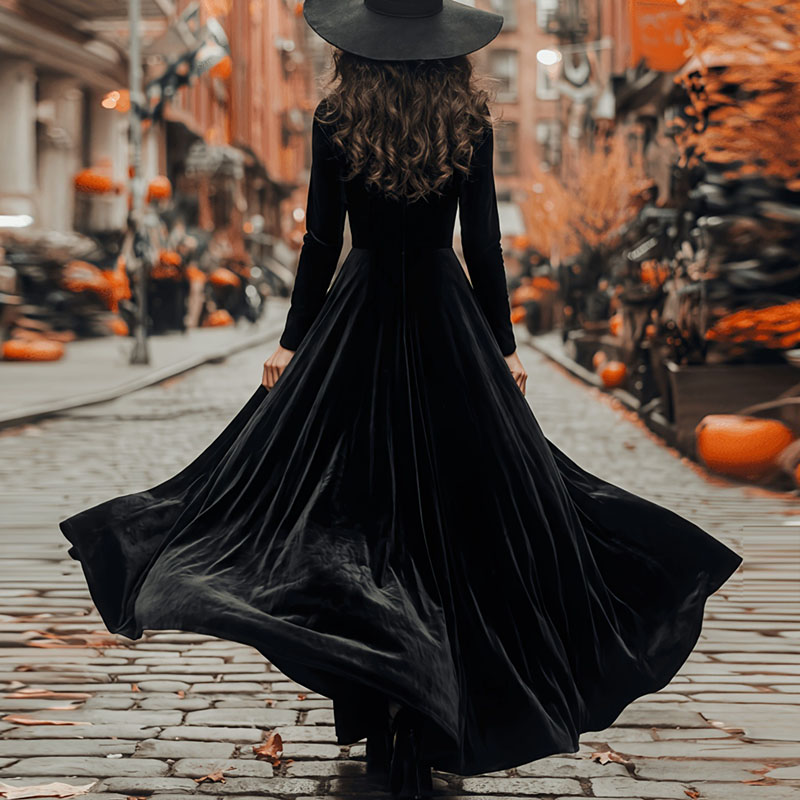 Robe longue élégante en velours coupe A-line pour femmes, col rond, manches longues, taille haute, longueur au sol, fluide, robe de soirée unie pour l'automne.