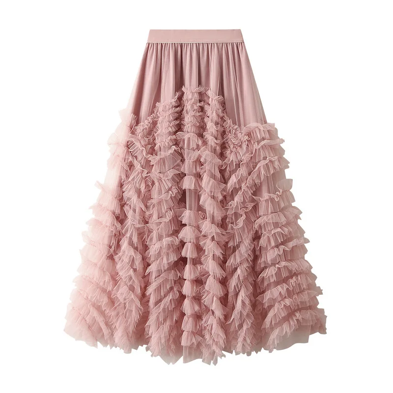 Jupe Maxi en Tulle à Plusieurs Niveaux pour Femme, Longue en Maille Rose, Taille Haute, Élégante, Nouvelle Collection 2024
