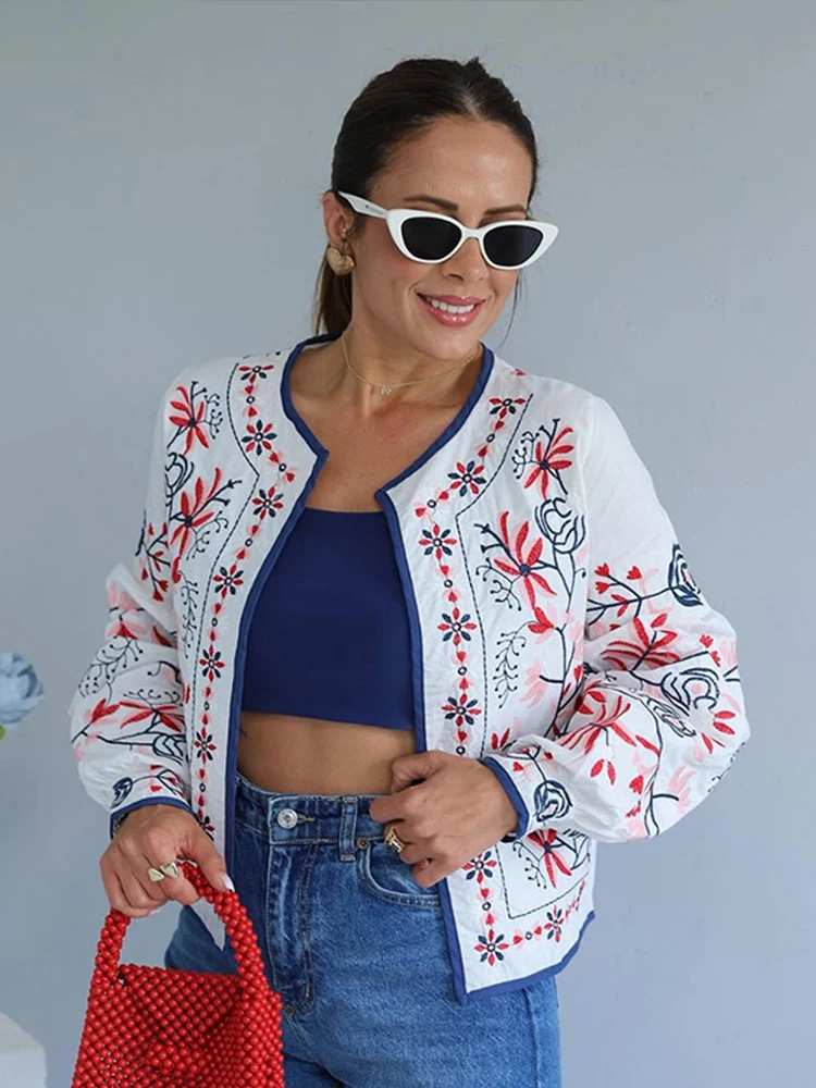 Manteau à col rond à imprimé floral pour femmes, cardigan à manches longues bouffantes, veste de rue chic pour dames, vêtements de vacances, début de l'automne, mode, 2024