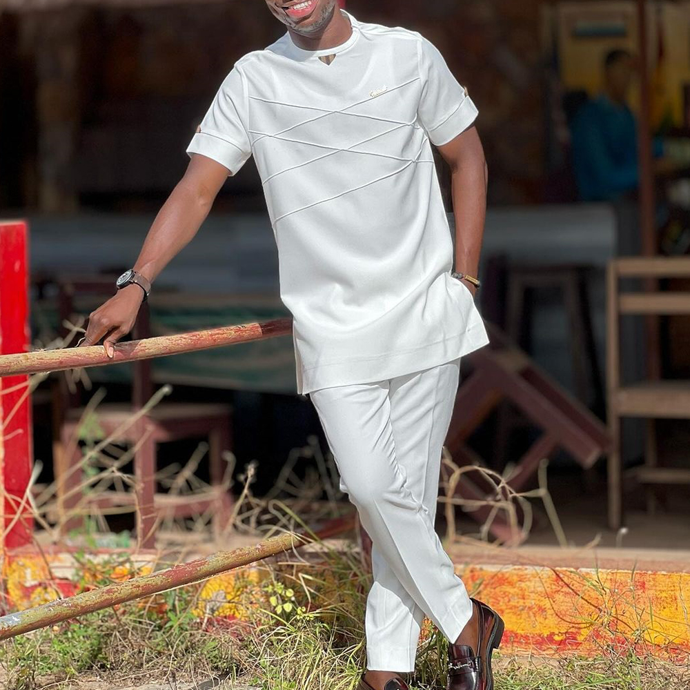Kaftan d'été pour hommes, olympiques à manches courtes, haut et pantalon solides, mariage ethnique africain, tenue décontractée Dashiki, ensembles de mode pour hommes, 2 pièces