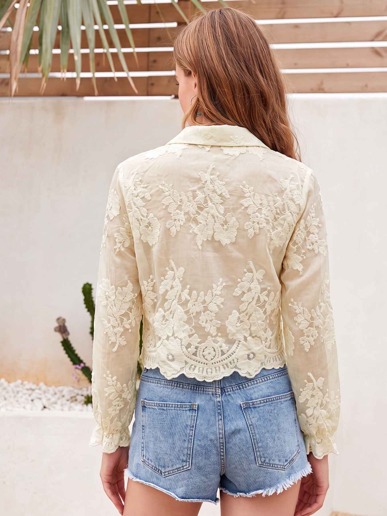 Chemise courte pour femme en coton 100% avec broderie florale 3D en dentelle