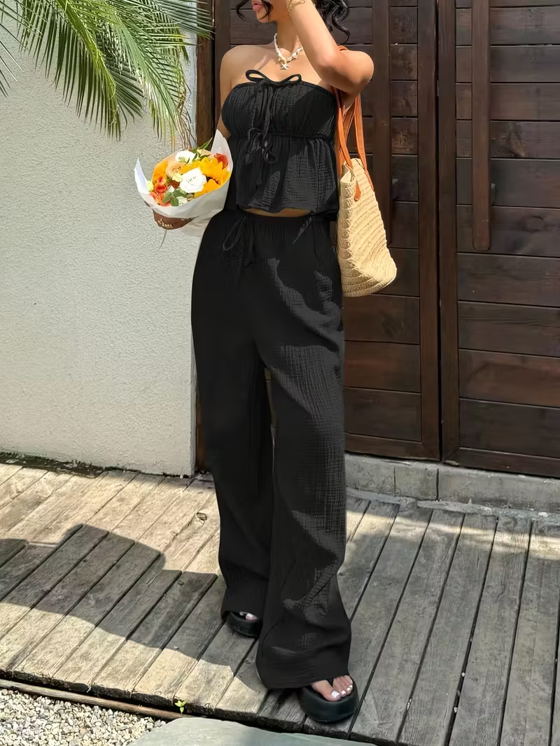 Ensembles 2 pièces pour femmes, nouveaux ensembles décontractés pour femmes, haut à lacets et pantalon