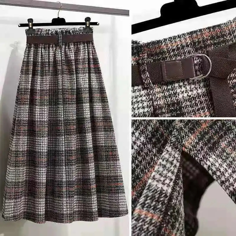 Femmes coréennes mode loisirs Plaid laine jupe automne hiver nouvelle taille haute mi-longue irrégulière laine jupes Femme grande taille 4XL