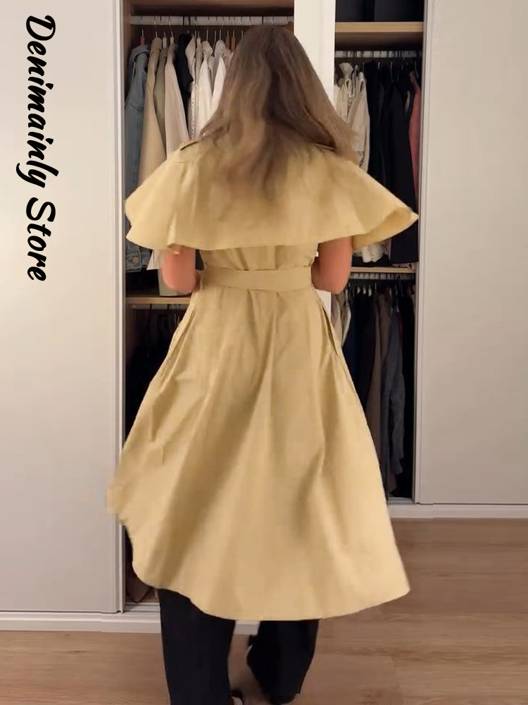 Robe midi chemise cape pour femme, style trench modeste, col montant, sans manches, à laçage à la taille, robes automne 2026