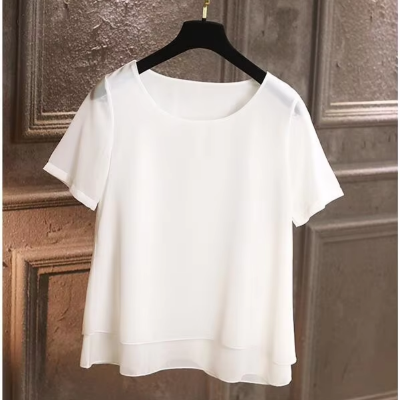 Blouses en mousseline de soie pour femmes, hauts à manches courtes et col rond, chemises de travail féminines, blouses à la mode pour femmes.