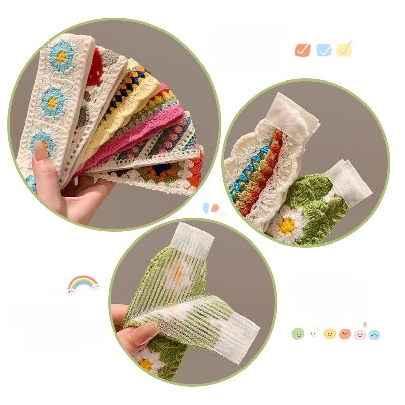 Fleur colorée bandeau doux Floral tricot frange autocollant magique mignon fille cheveux cravate bandeaux cheveux accessoires pour femmes Diademas