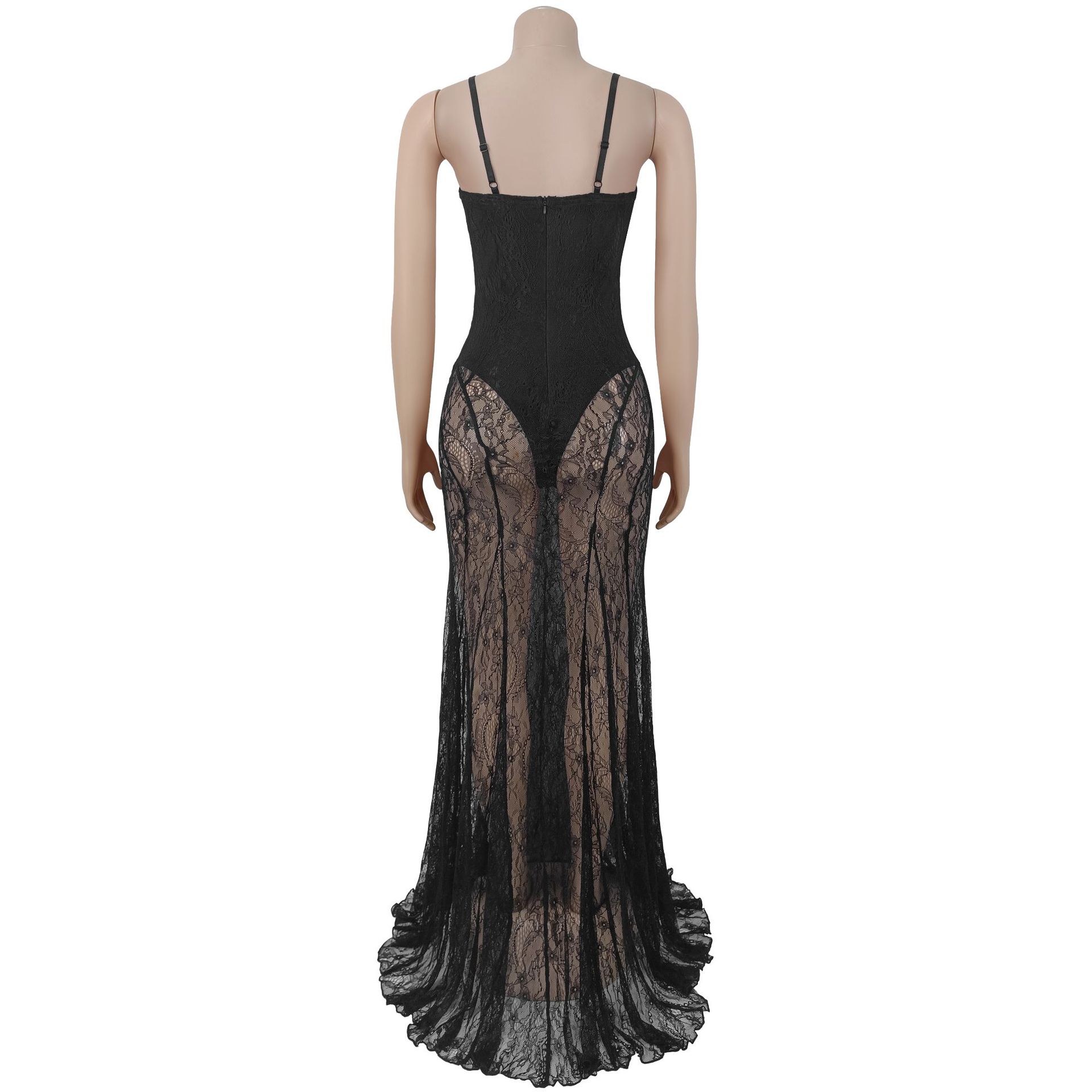 Dentelle voir à travers la robe de soirée de bal Sexy femmes Spaghetti sangle élégante boîte de nuit longue robe Maxi