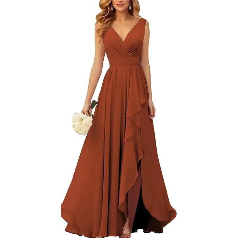 Robe de demoiselle d'honneur décontractée, col en V, fente latérale, longue, à volants, robe de soirée formelle, fête de mariage, quelle que soit la robe en mousseline de soie, nouvelle mode 2024