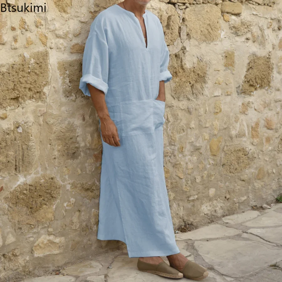 Grande taille 4XL 5XL hommes Robe musulmane col en v décontracté coton/lin poches ample à manches longues Vintage arabe ethnique Robe islamique mâle