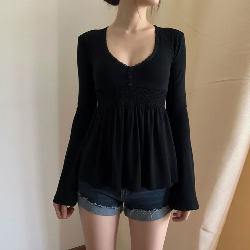 Chemisier pour femme, vêtements pour femme été automne, tunique élégante Y2k, chemisiers et chemises magnifiques, haut vintage noir à manches longues pour femme
