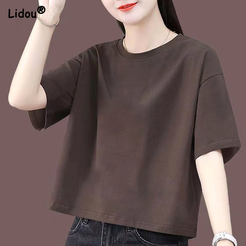 T-shirt simple et léger pour femmes, vêtement d'été ample et droit, col rond, en coton pur, confortable