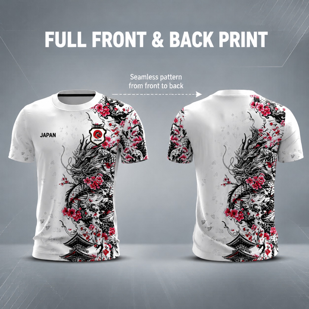 Maillot de football japonais pour homme, imprimé sur toute la surface avant et arrière, motif cerisier, dragon, pagode, art à l'encre, t-shirt de sport pour fan de l'équipe nationale