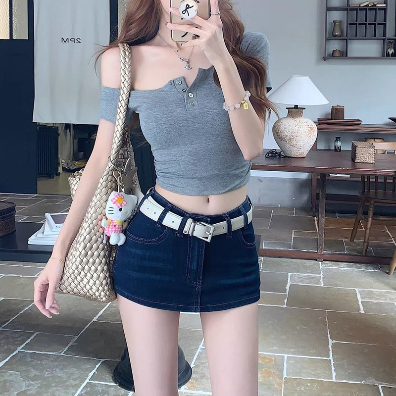 Jupes en jean bleu foncé pour femmes, sexy, taille basse, shorts serrés élastiques, jupe en jean pour femme, nouvelle jupe moulante chic d'été, mini-jupes