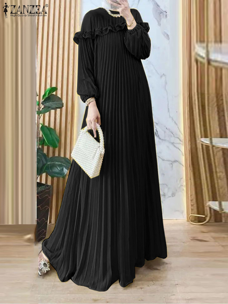 ZANZEA-Robe Maxi Abaya musulmane à manches longues pour femmes, Robe de soirée plissée élégante, Robe d'été islamique, Hijab, Mode de printemps, 2025