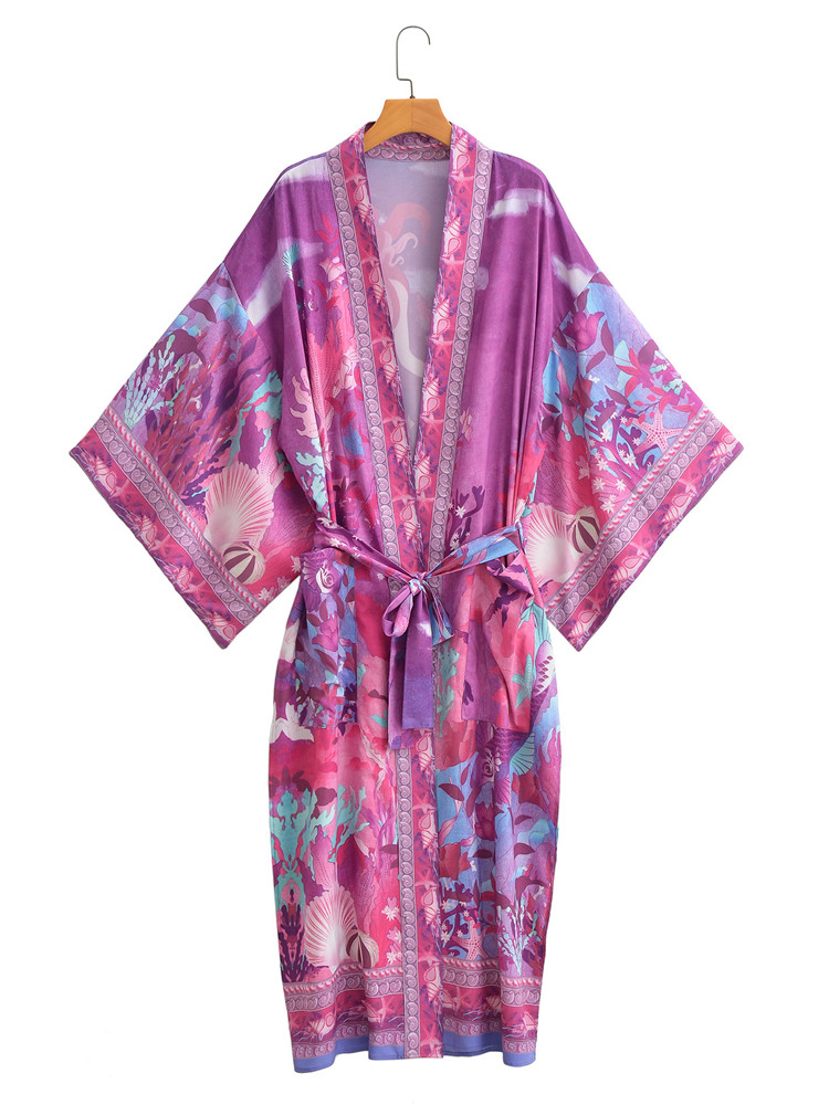 Kimono à imprimé fleuri sirène, col en V, chemise longue, hippicopter, marée, ceintures à nœud, cardigan midi, chemisier adt, cape de plage, vacances