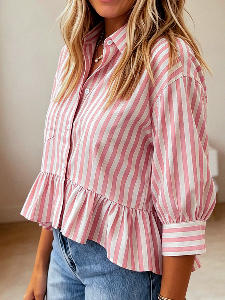 Haut à rayures décontracté, simple, élégant et charmant, polyvalent pour tous les jours, idéal pour les trajets quotidiens, col rabattu à boutons, chemise à manches trois-quarts, vêtement pour femmes.