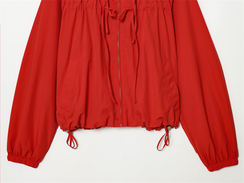 Veste Femme 2026 Nouvelle Collection Automne Rouge Manches Longues Cordon Décoratif Festif Capuche Zippée Cardigan Décontracté Tendance Polyvalent