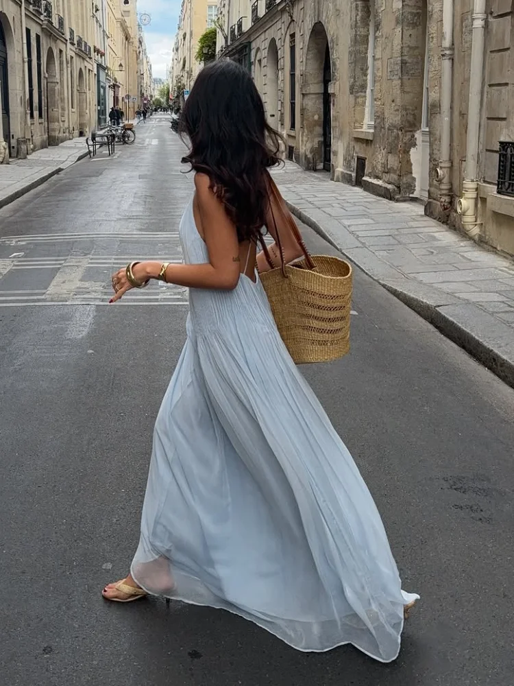 Robes de soirée élégantes pour femmes, sexy, unies, sans manches, plissées, longues, de plage, à bretelles, dos nu, coupe ajustée, pour l'été.