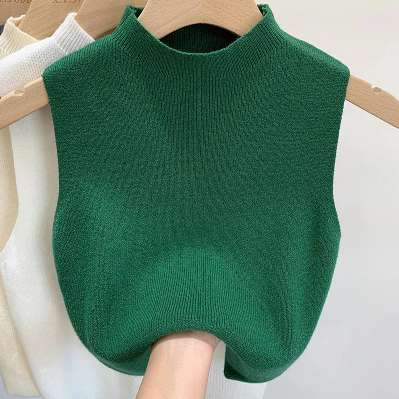 Débardeur tricoté pour femmes, couleur unie, T-Shirt, haut court, Camisole, pull demi-col roulé, sans manches, printemps automne