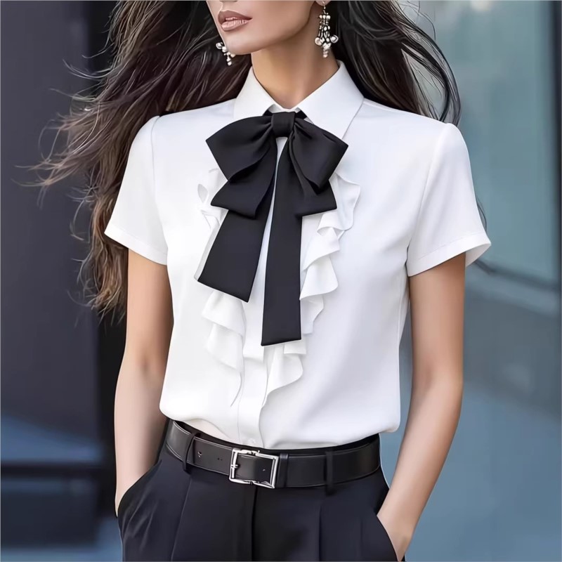 Chemisier d'été pour femme, nouvelle mode, uni, avec nœud et volants, style vintage, manches courtes, chemise blanche, vêtements féminins 2026