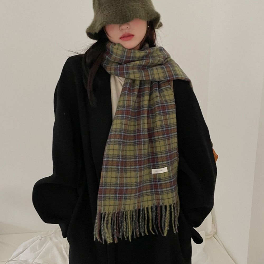 Gland Plaid laine écharpe en peluche rétro vert Long châle Style coréen foulards laine foulards hiver cachemire foulards femmes/hommes