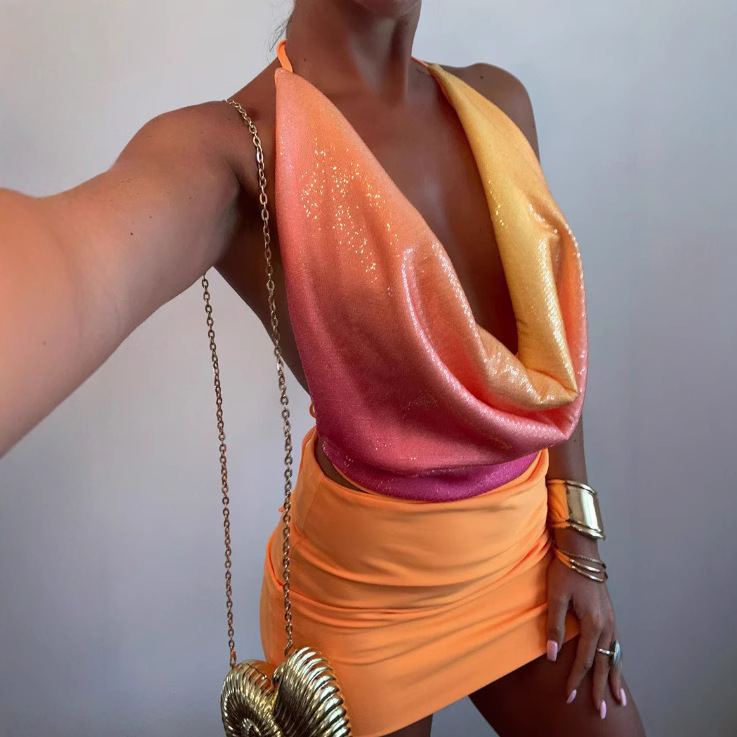 Wein femme célèbre Sexy V profond dos nu paillettes tempérament Floral suspendu cou jarretelle gilet jupe courte couverture