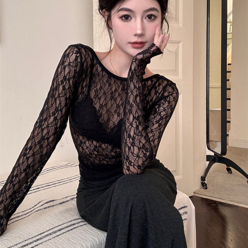 T-shirt court en résille à manches longues pour femmes, corset en dentelle polyvalent, vêtements de créateurs sexy, voir à travers la mode, t-shirts pour femmes, 2024