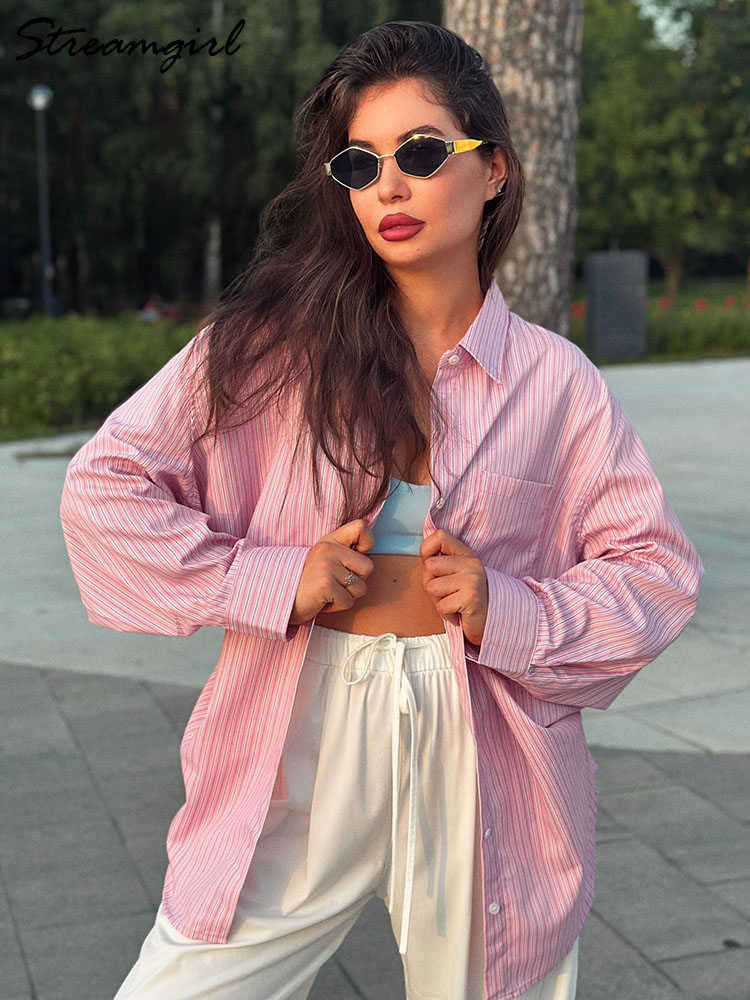 Chemises amples à rayures pour femmes, marron, manches longues, chauve-souris, tenue de bureau, chemisiers surdimensionnés pour femmes, chemises bleues élégantes
