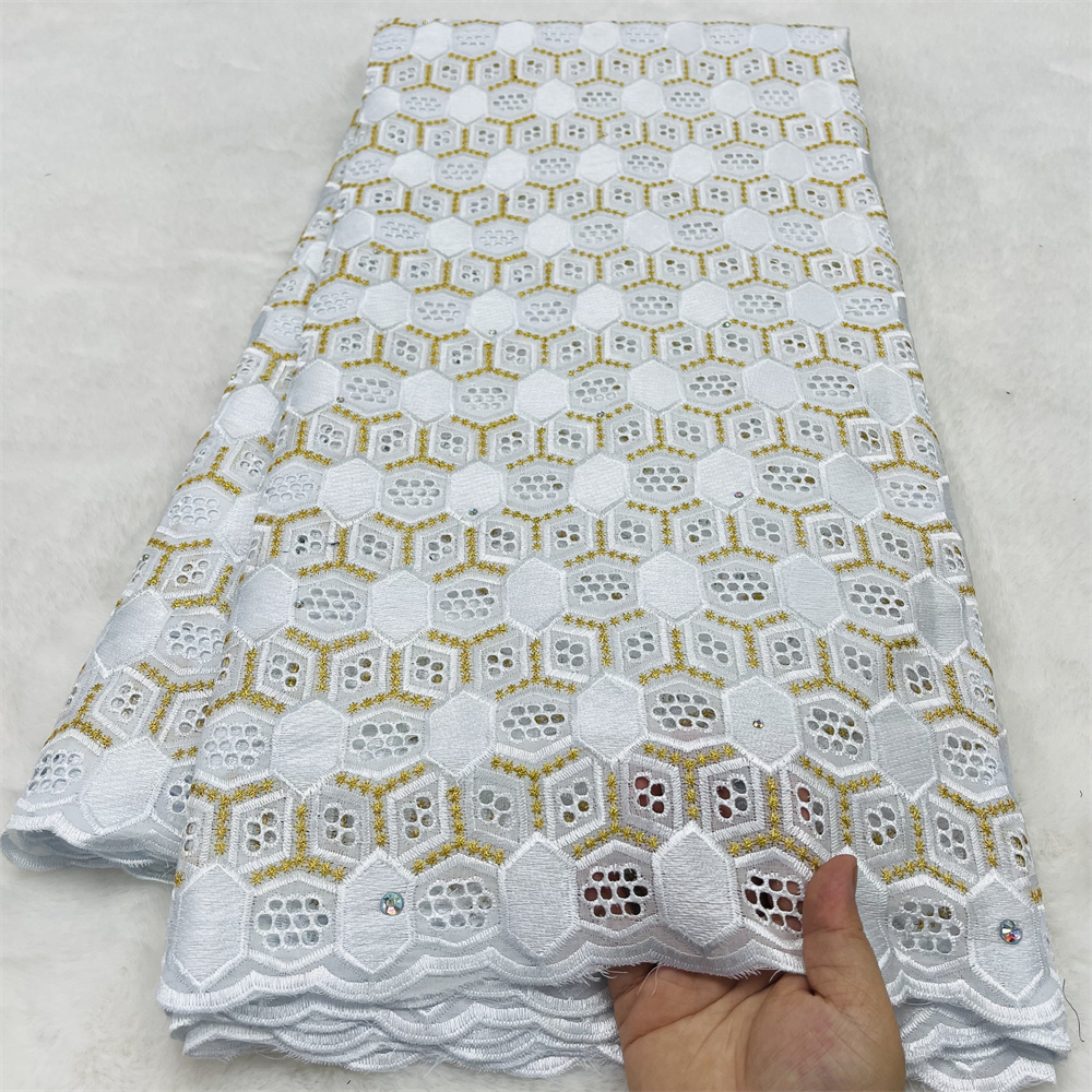 Tissu africain en voile suisse 100 % coton de luxe pour robes de mariée et de soirée, élégant et orné de pierres