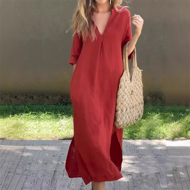 Femmes été coton lin couleur unie robes col en V profond pull robe ample femme sept-quarts manches ourlet fendu robe décontractée