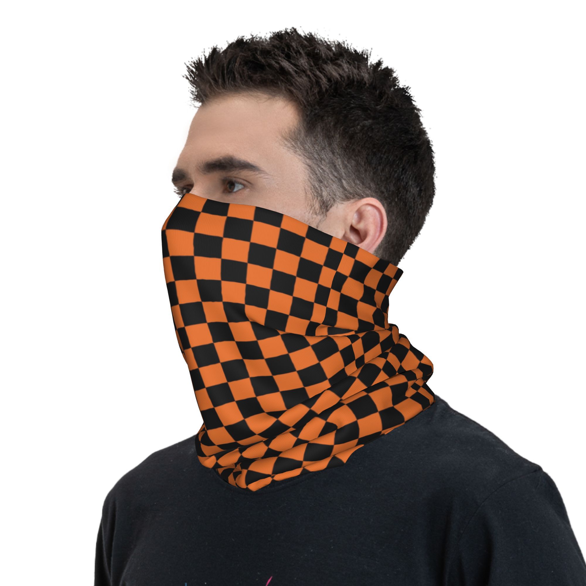 Bandana à motif à carreaux Orange et noir personnalisé, cache-cou, écharpe faciale, couverture pour hommes et femmes, bandeau géométrique à carreaux, cagoule tubulaire