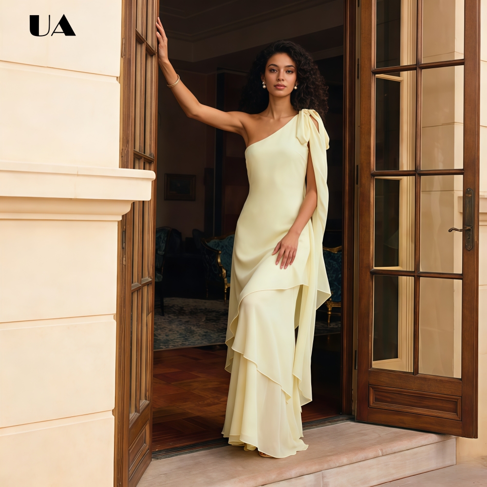 Robe de bal élégante en mousseline ULBYANRY à une épaule avec nœud drapé, robe de soirée asymétrique unie à couches, robe de soirée personnalisée