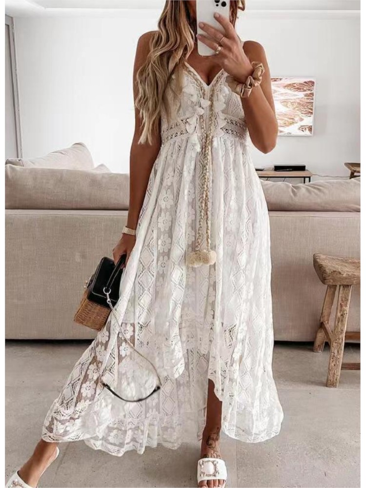 Robe longue unie à bretelles en dentelle, col en V, taille élégante, nouvelle collection été 2026, pour femme