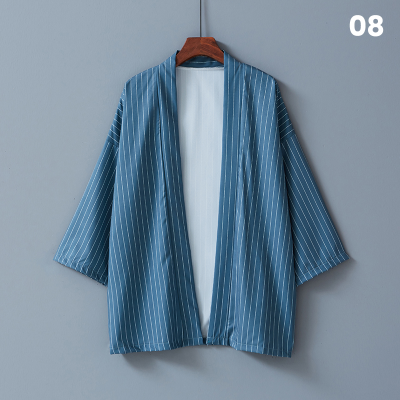 Hommes japonais Kimono Yukata Robe été couleur unie rayé vêtements d'extérieur décontractés cape Haori Spa Sauna bain plage chemise Cardigan unisexe