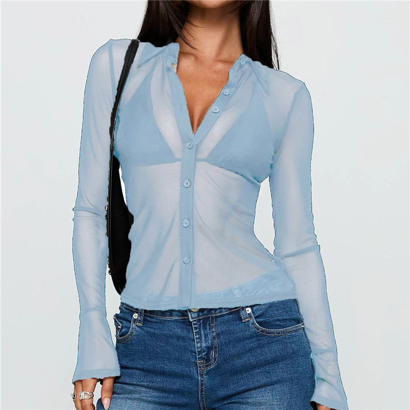 Chemises à boutons transparentes hirigin pour femmes, chemisier à manches longues en maille transparente, chemise à boutons sexy, hauts pour sortir, streetwear