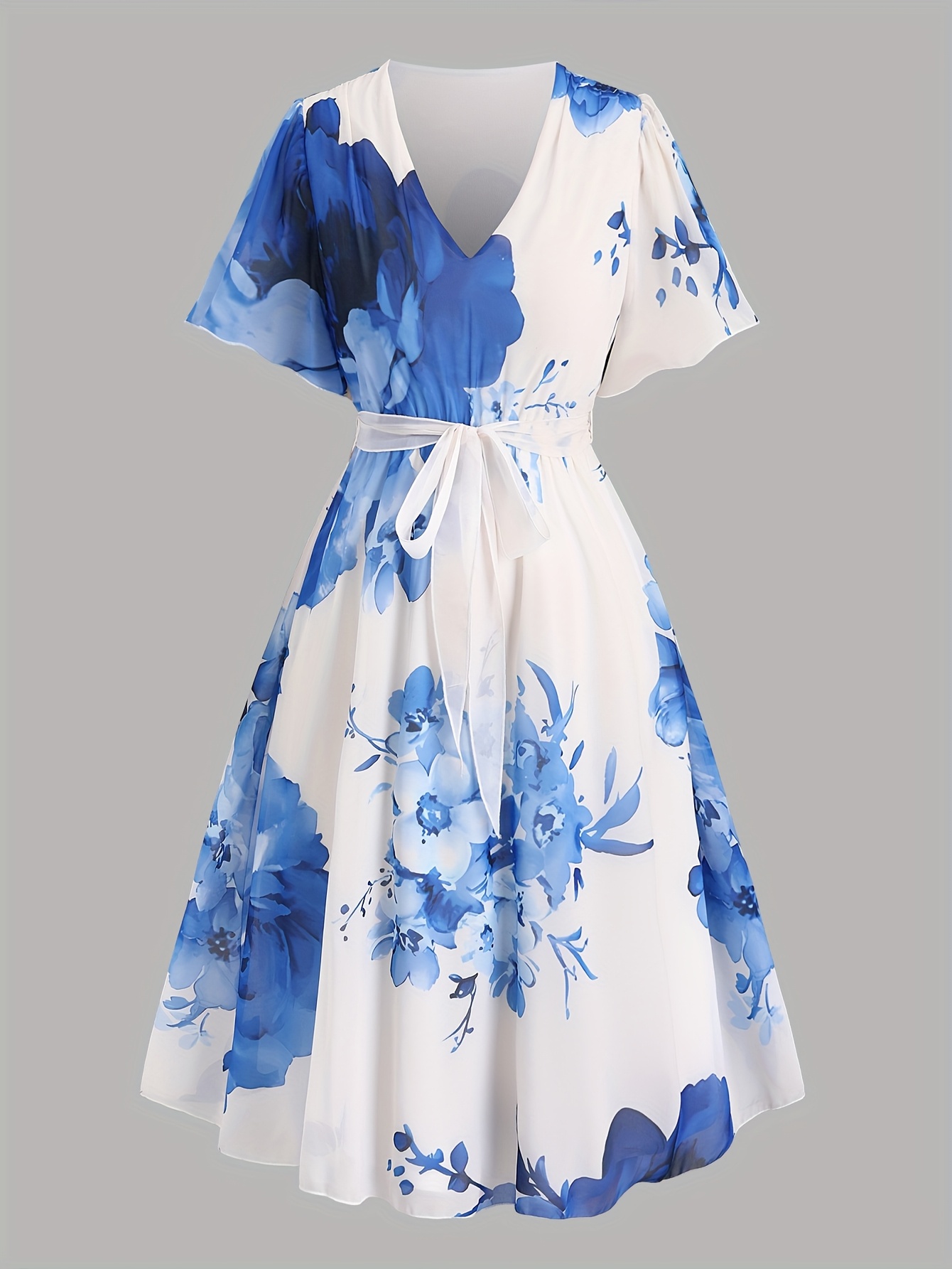 Robe mi-longue élégante et stylée à manches courtes, col en V, imprimé floral vintage, grande taille pour femme