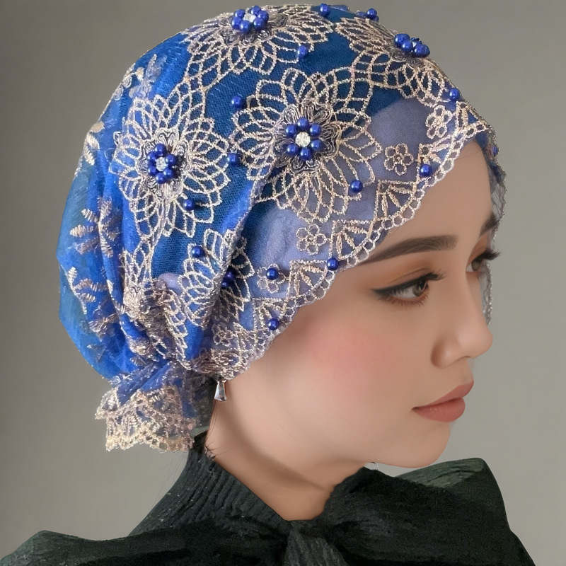Femmes élégant foulard chapeau brodé perlé Double couche dentelle chapeaux sous-écharpe Bonnet bonnets perte de cheveux couverture musulman Hijab casquette