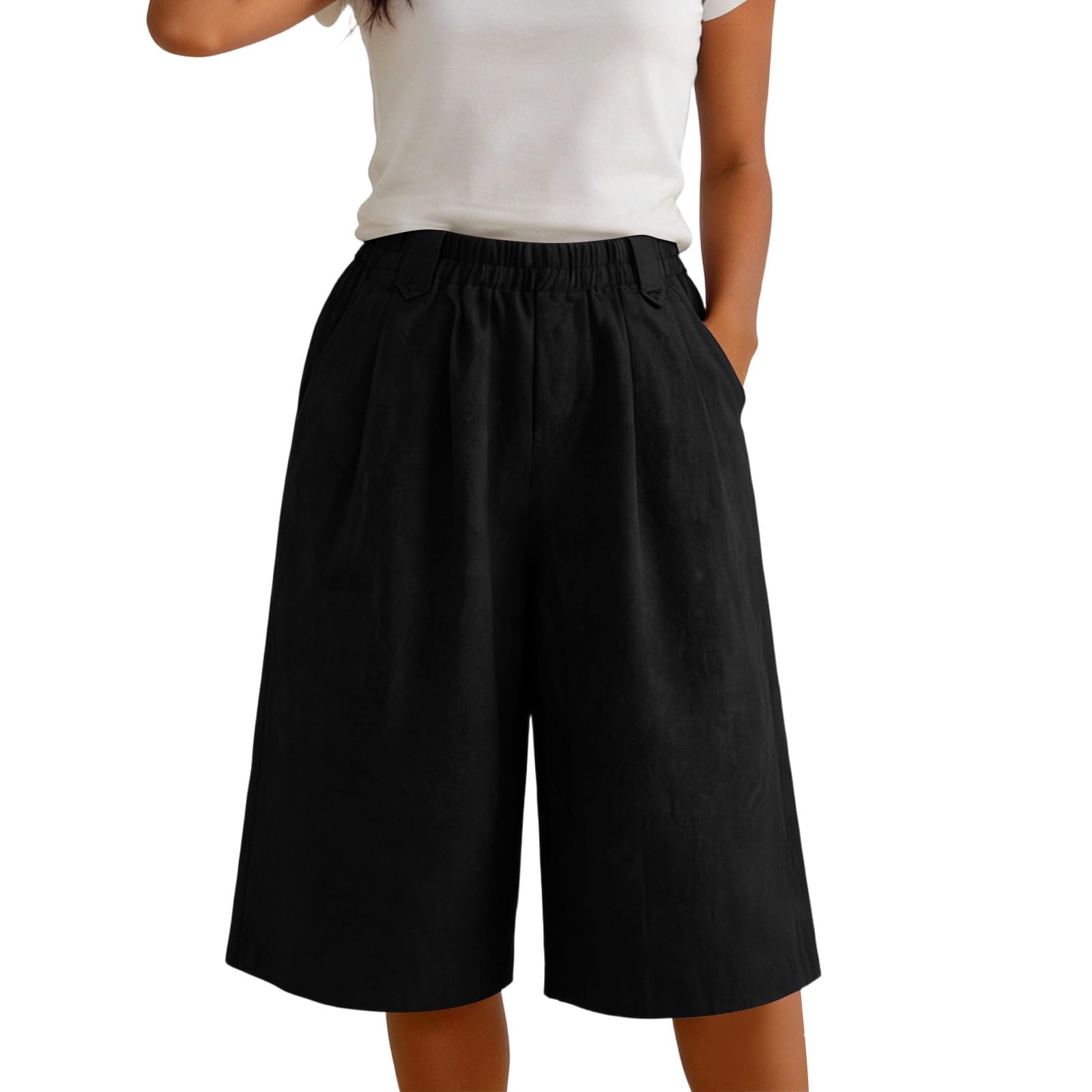Culottes amples taille haute pour femmes, pantalon capri décontracté à taille élastique, pantalon uni avec poches, short d'été pour le bureau