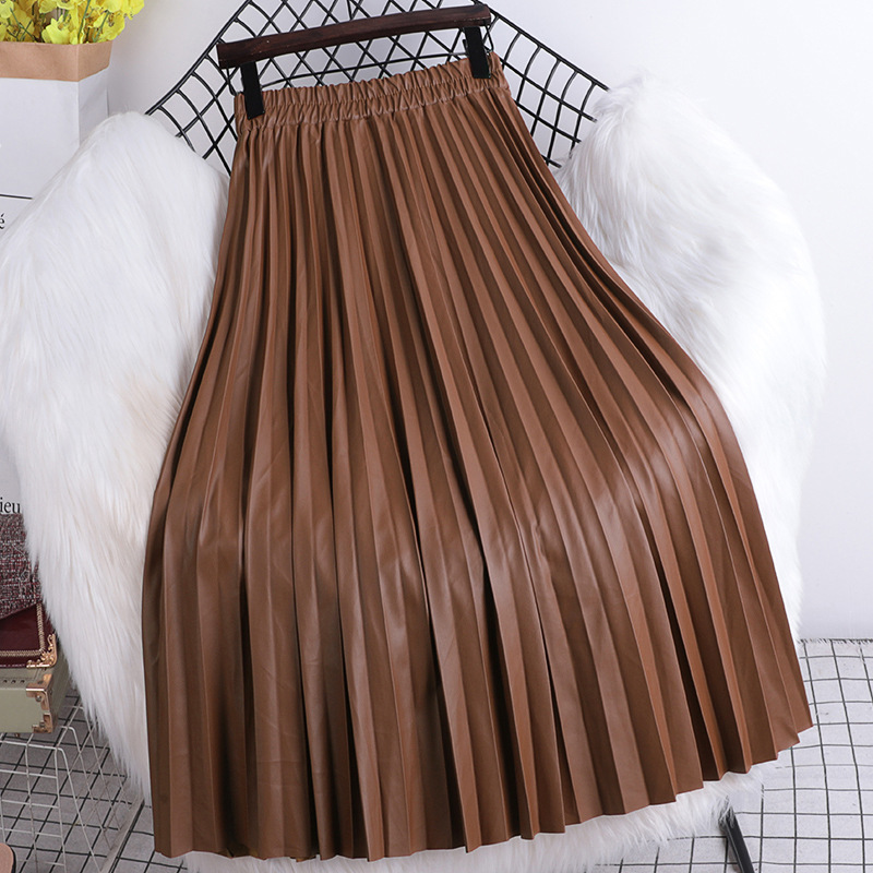 Jupe plissée mi-longue en cuir PU pour femmes, nouvelle collection automne/hiver 2021, taille haute coréenne, ligne a, cent plis