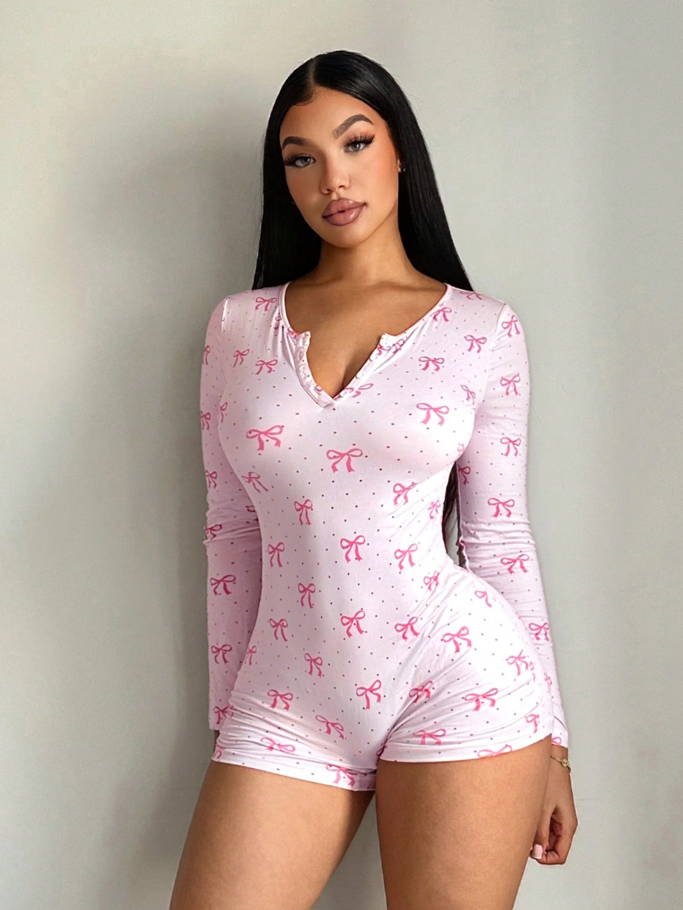 Combinaison courte en tricot élastique confortable pour femmes, sexy, décontractée, rose à pois, avec nœud imprimé, vêtements de maison