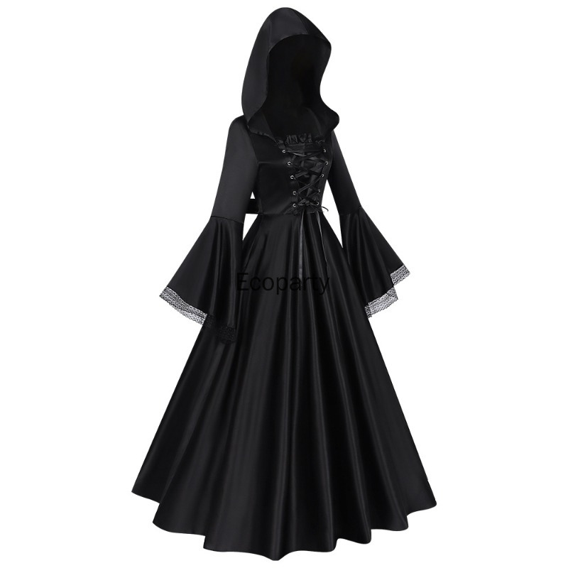 Robe gothique à capuche pour femmes, noire, col carré, manches évasées, grande balançoire, longue, Costume de fête d'halloween