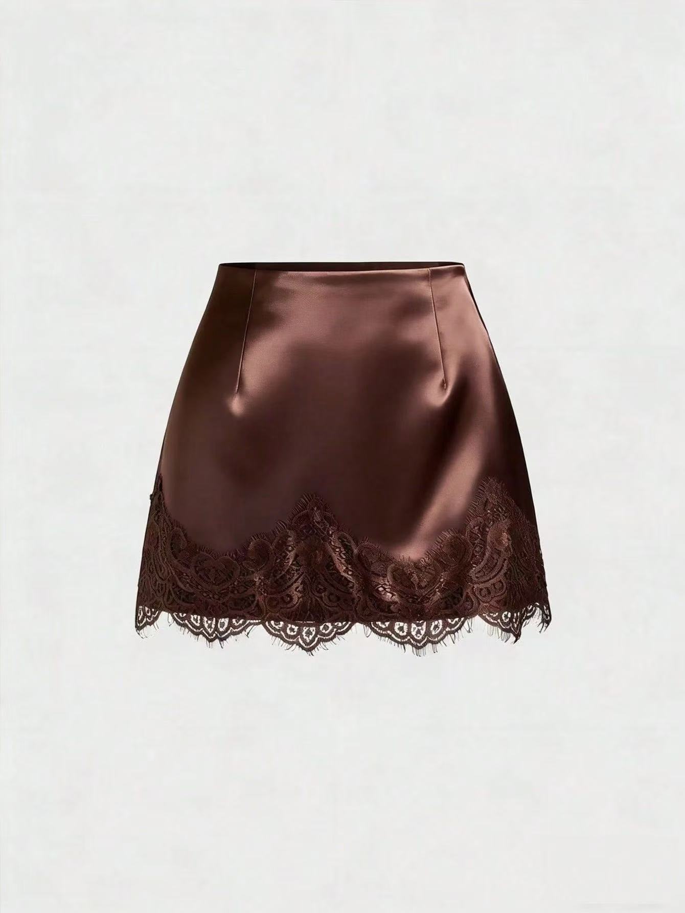 Mini-jupe en satin pour femmes, taille haute, couleur unie, ourlet en dentelle, coupe trapèze, jupe courte, élégante, pour soirées, clubs et tenues décontractées.