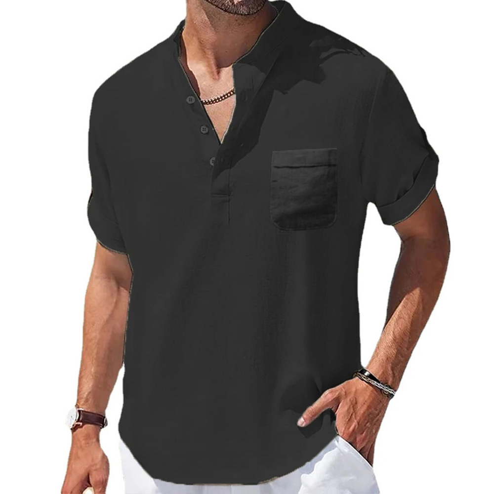 T-shirt en coton et lin pour hommes, col Henry, manches courtes, hauts décontractés, léger, à la mode, classique, avec boutons, offre spéciale, été