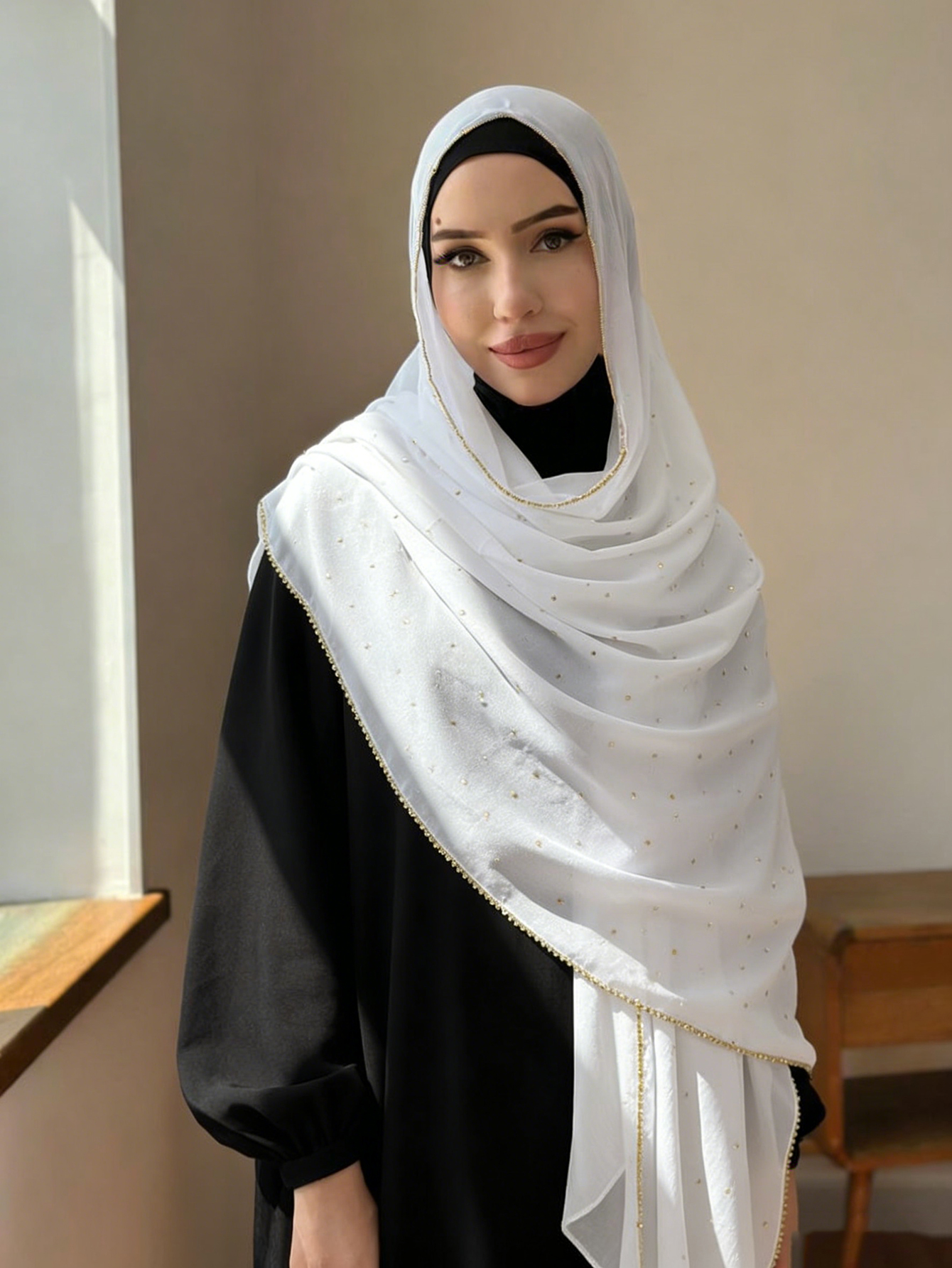 Hijab modeste en mousseline de soie avec strass et fermeture éclair dorée, foulard islamique pour femmes, idéal pour les fêtes, mariages, Ramadan et l'Aïd