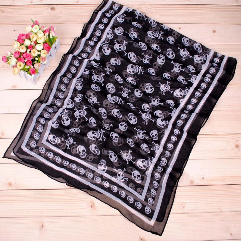 Foulard en Chiffon Georgette Imprimé Crâne pour Femme 150*50cm, Écharpe Bandana Élégante, Longue Étole, Hijab, Protection Solaire Estivale, Foulards de Plage