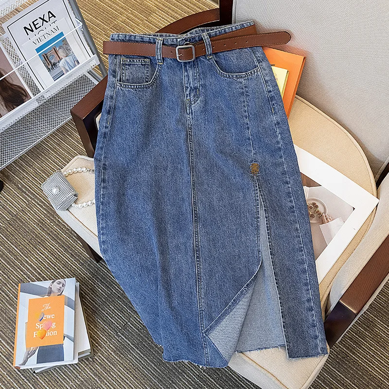 Jupe en jean taille haute amincissante avec fente latérale pour femmes, robe polyvalente mi-longue en forme de A, nouvelle collection été 2023